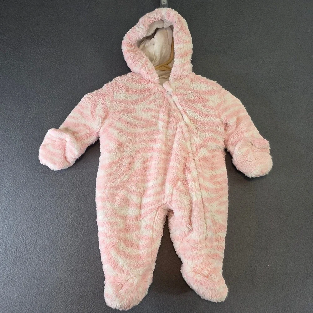 Carters Baby Girls Pink White Zebra Fleece Hooded Pram Snowsuit 6-9 Months